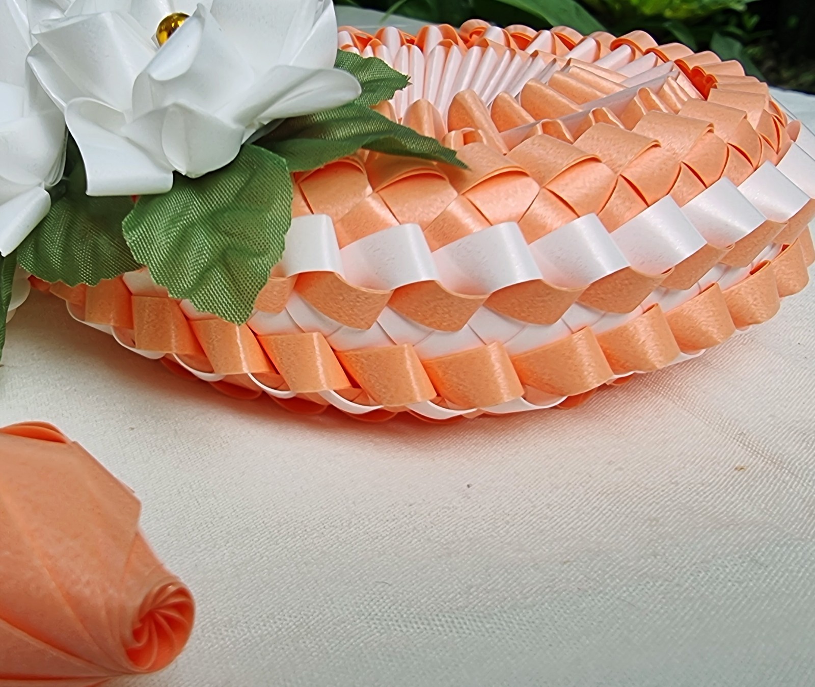 Ribbon folding art, Garland, Artificial Light Orange flowers made from plastic