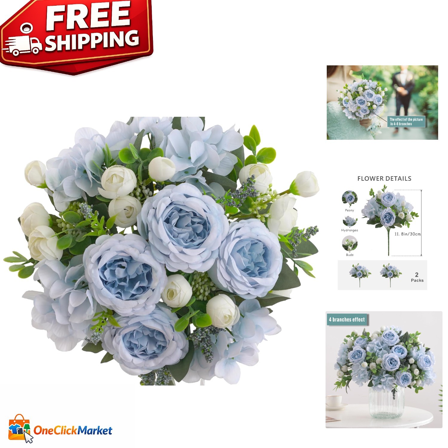 Beautiful 2-Bundle Silk Blue Peonies & Hydrangeas – Versatile Table Centerpieces