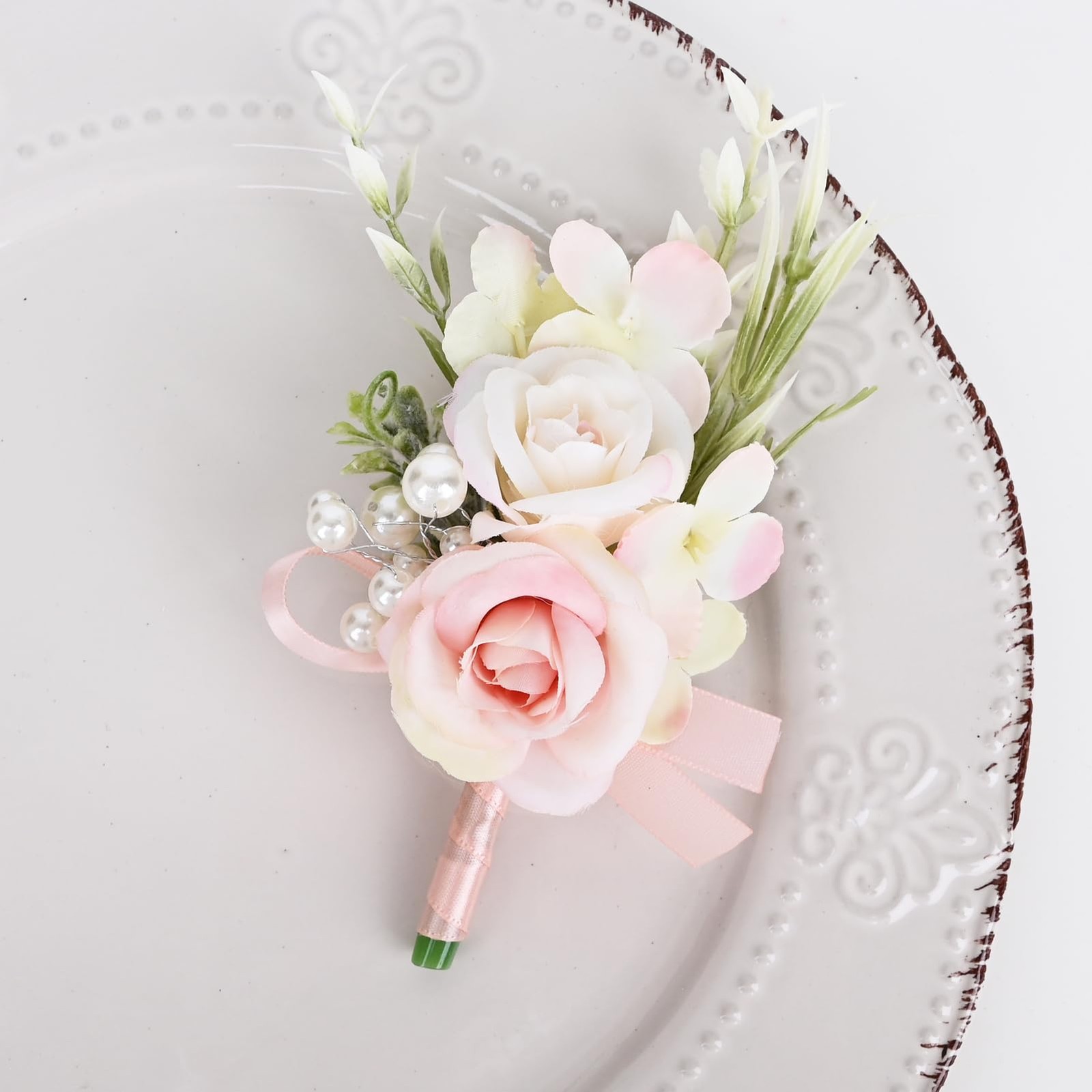 2 PCS Men Pale Pink Boutonniere Corsage Set Artificial Groom Formal Dinner