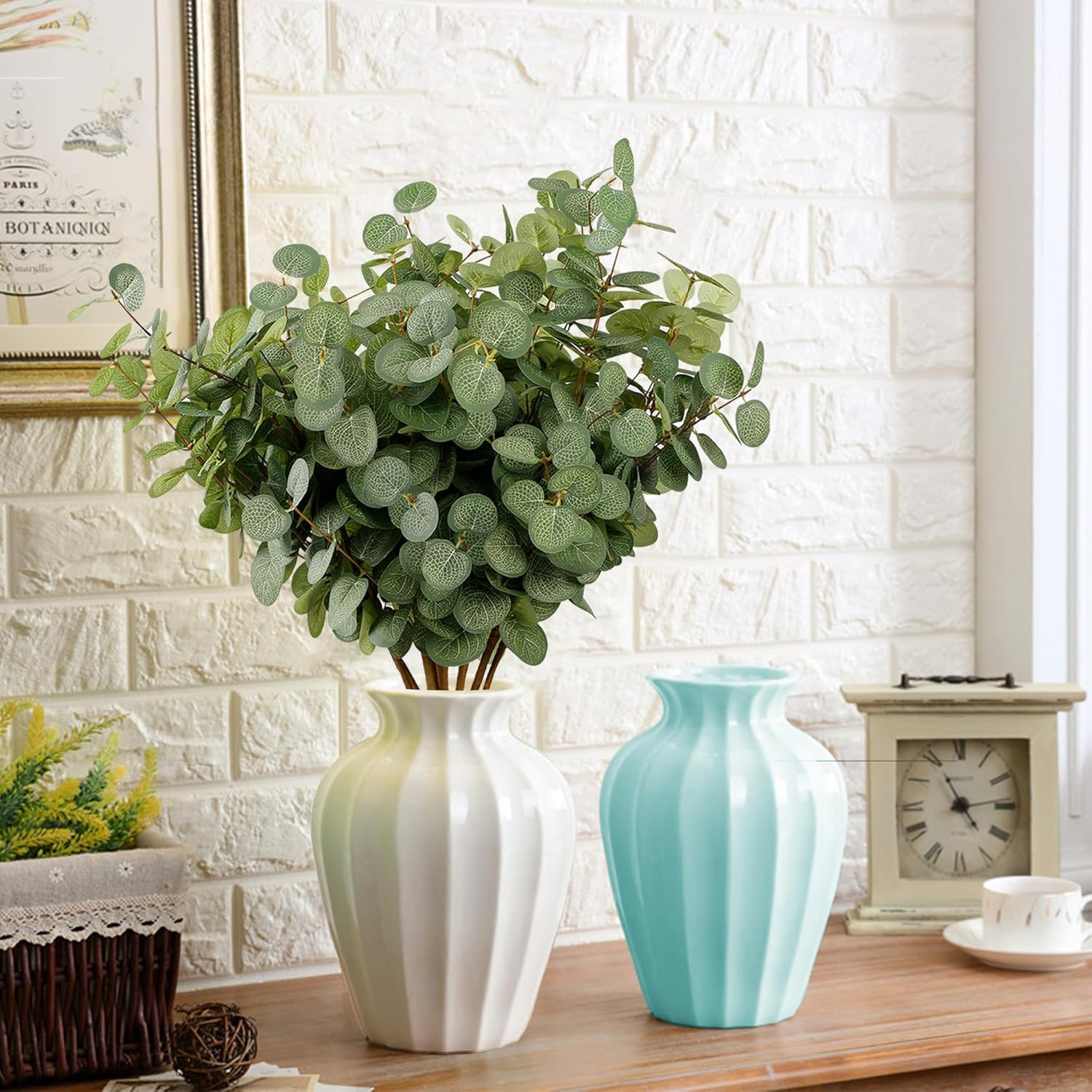 6 Bunches Artificial Eucalyptus Stems 24″ Faux Eucalyptus Leaves Branches Silk F