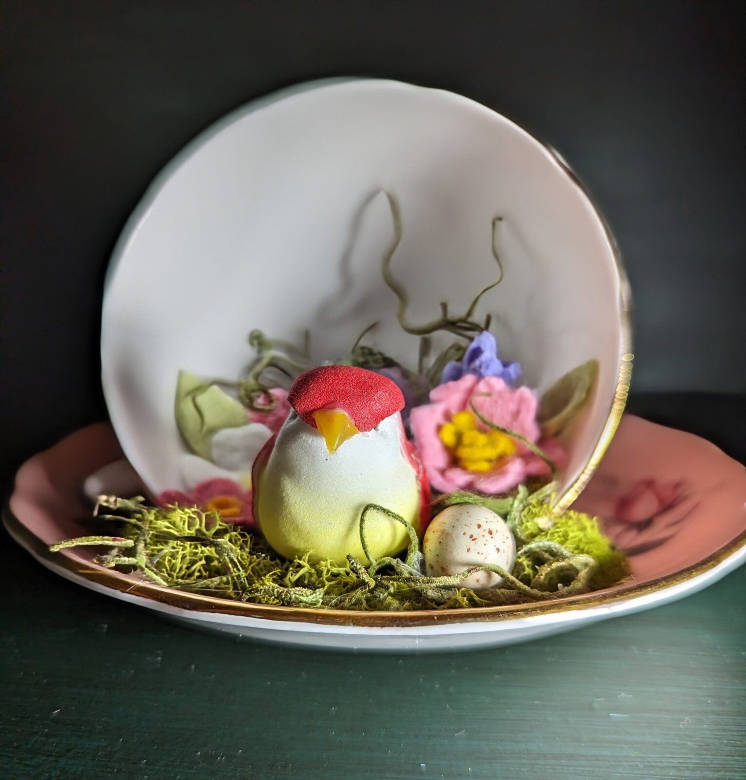 Home decor Teacup, felt flowers and bird nestled in moss & tiny egg, Gift Idea!