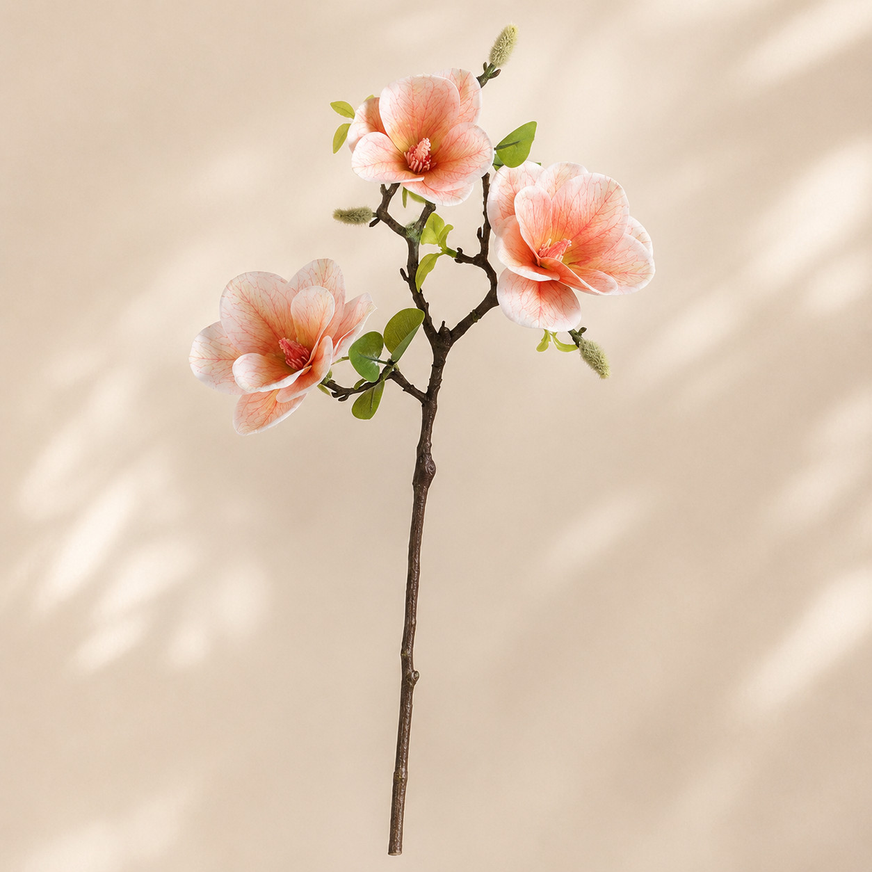 Set of 2 Champagne Faux Magnolia Stems 3 Head Artificial Flowers Home Decor
