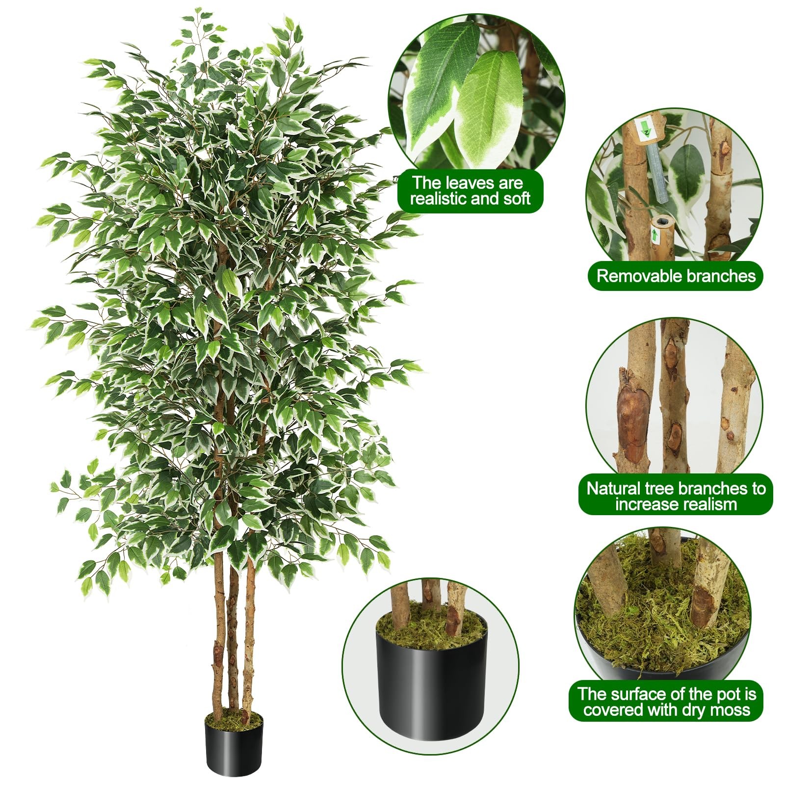 7ft Large Ficus Artificial Tree with Natural Trunk, 84″ Tall Faux Tree for Ho…