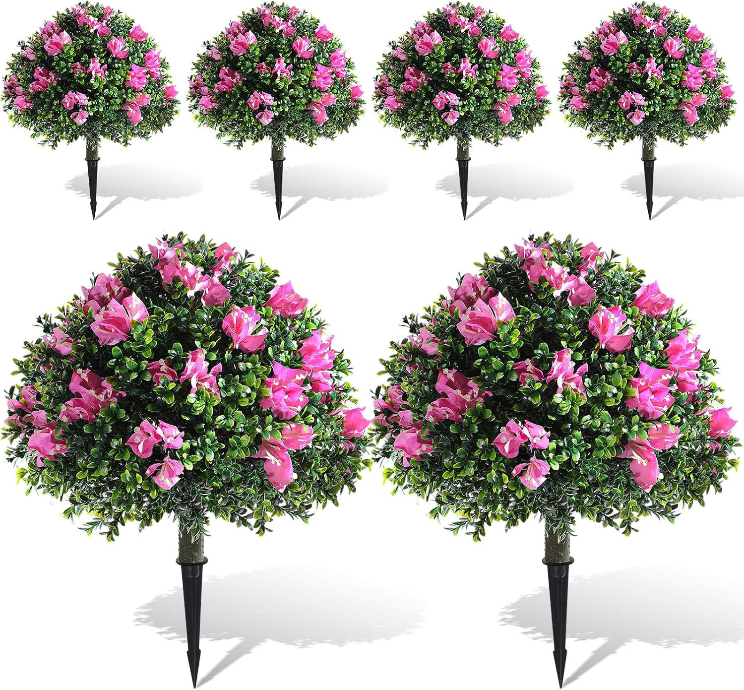 6 Pack 18″ Artificial Boxwood Topiary Balls with Bougainvillea Flowers with Spik