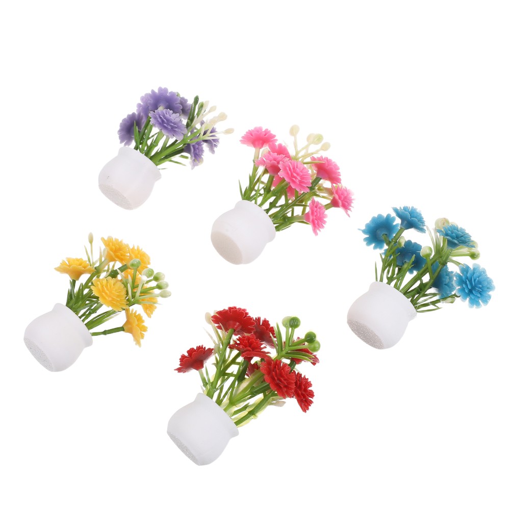 5pcs Mini Flower Pot Set with Artificial Flowers for Dollhouse and Fairy Garden