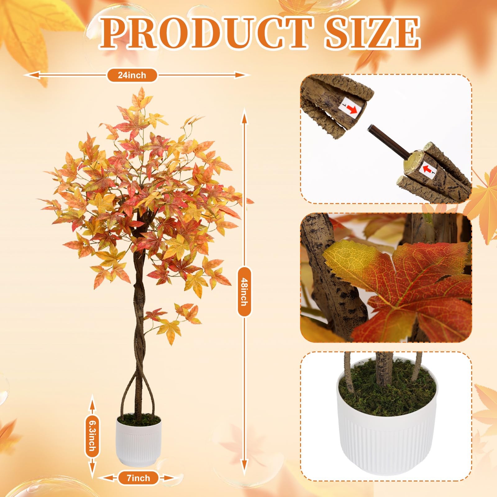 Artificial Maple Tree, 4FT Orange Potted Fake Plants Autumn Decoration Fall T…