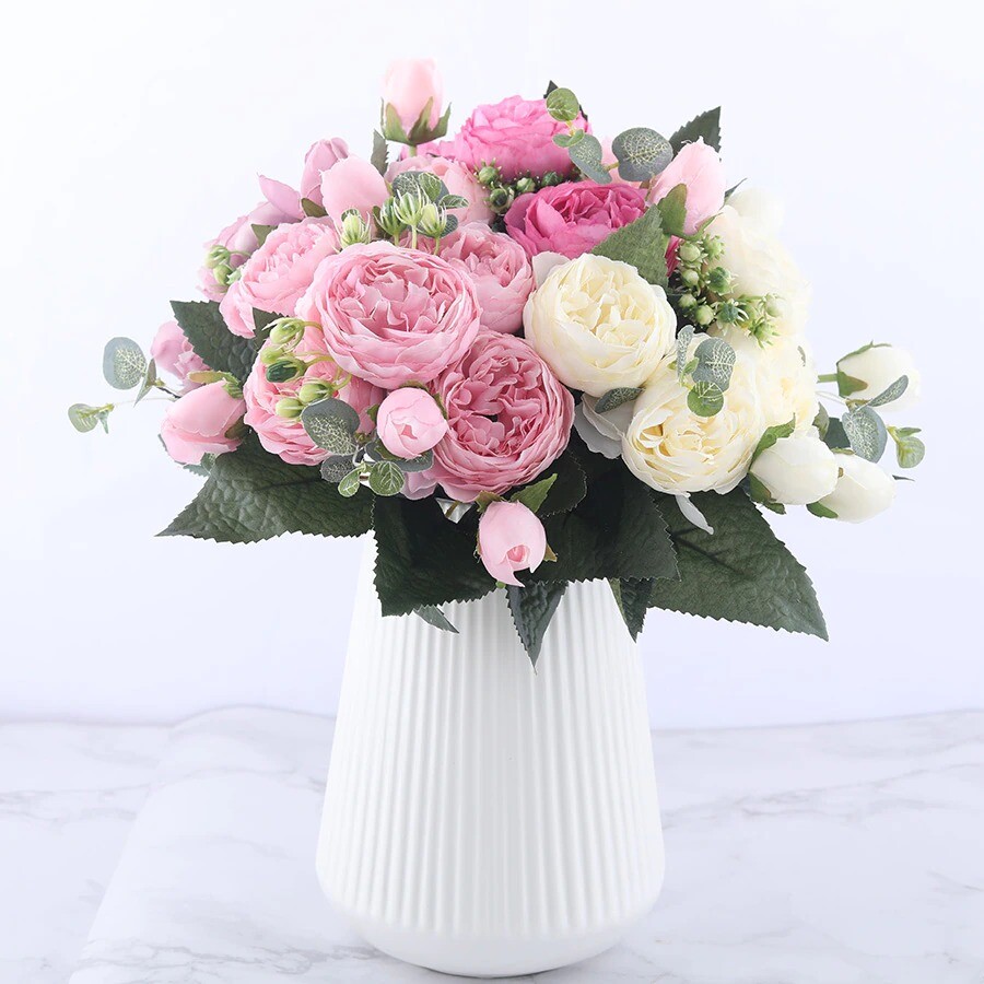30cm Rose Pink Silk Peony Artificial Flower Bouquet 5 Big Head 4 Bud Flowers DIY