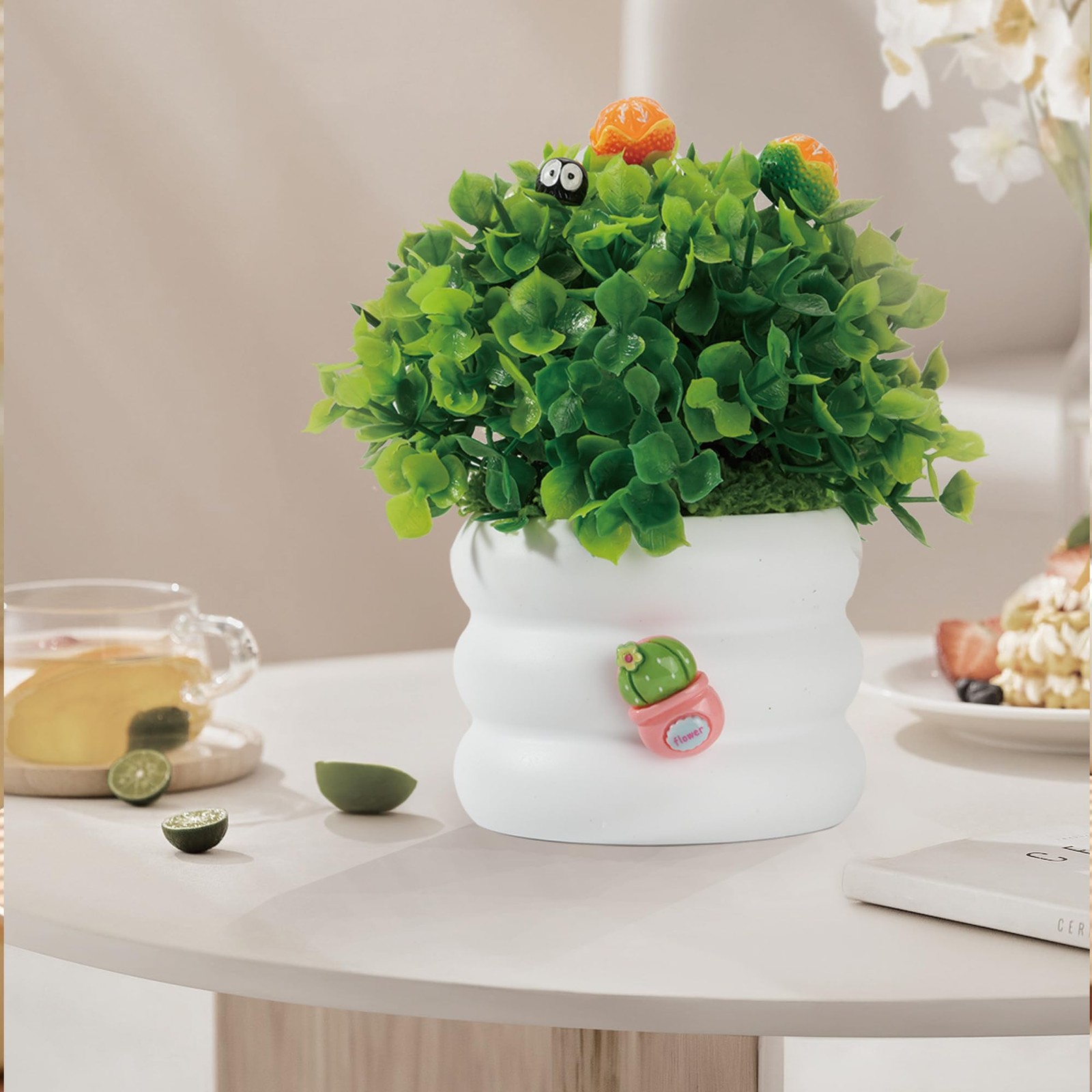 Mini Potted Fake 3 inches (D) x 2 (W) x 3 (H), White+green