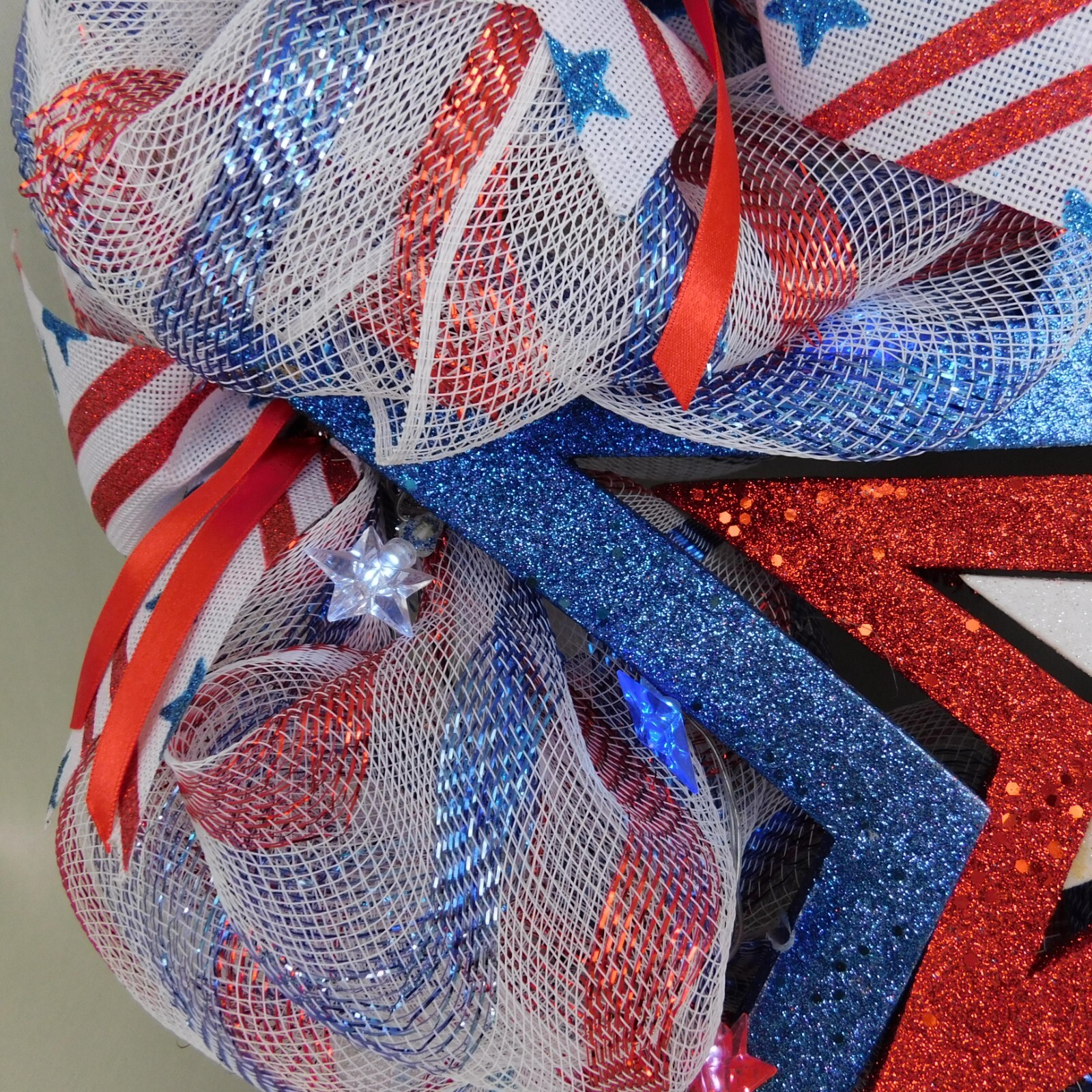 Handmade Mesh Wreath Patriotic Stars & Stripes LED Light String Foam Star #C314