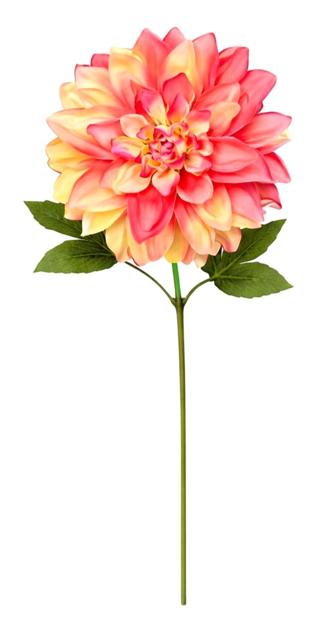 Coral Dahlia Stem Faux Flower 24 Inch 5 Inch Bloom Coral Yellow Artificial Dahli