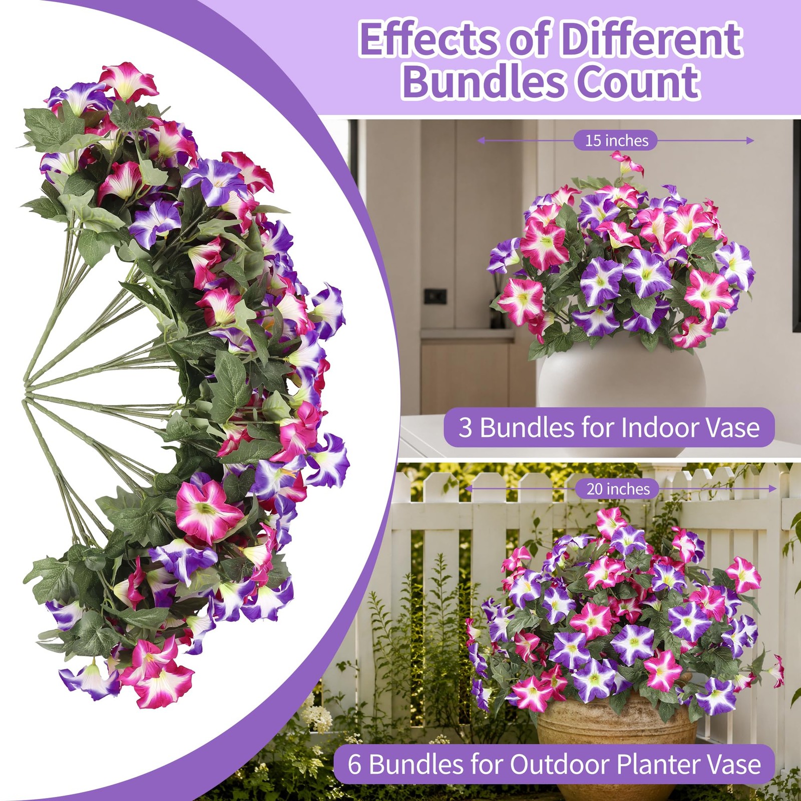 6 Bundles Pink Purple Flowers Artificial Petunias, Large Headed Faux Petunias…