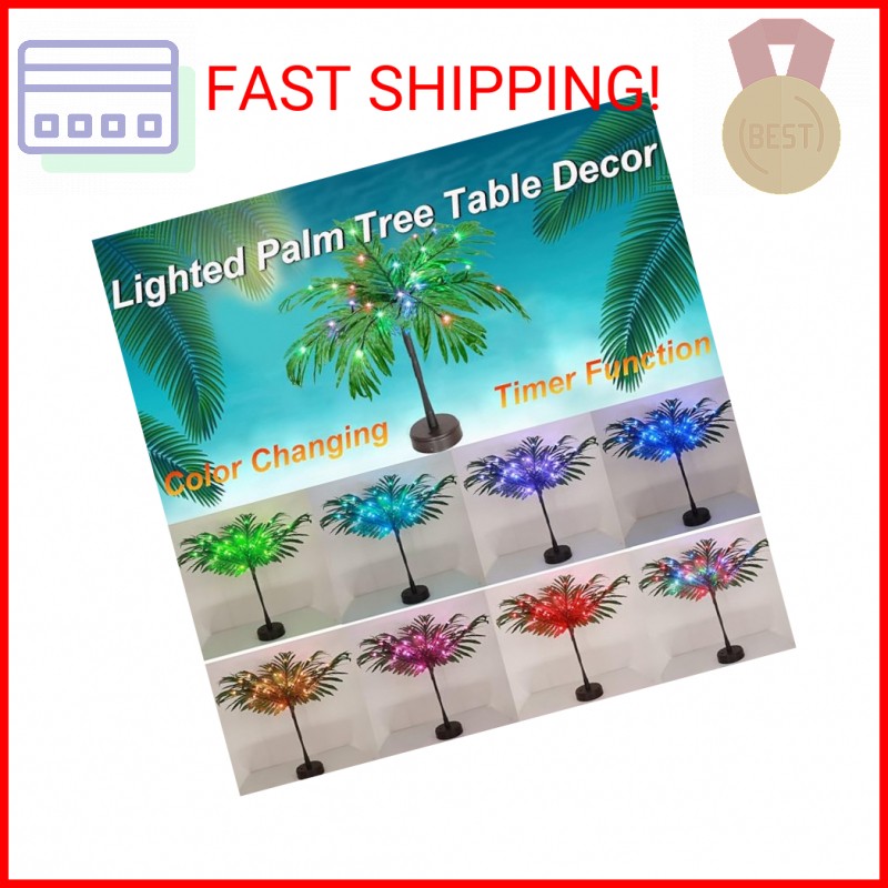 18 Color Changing Lighted Palm Tree Table Decor, 23 in Tropical Artificial Palm
