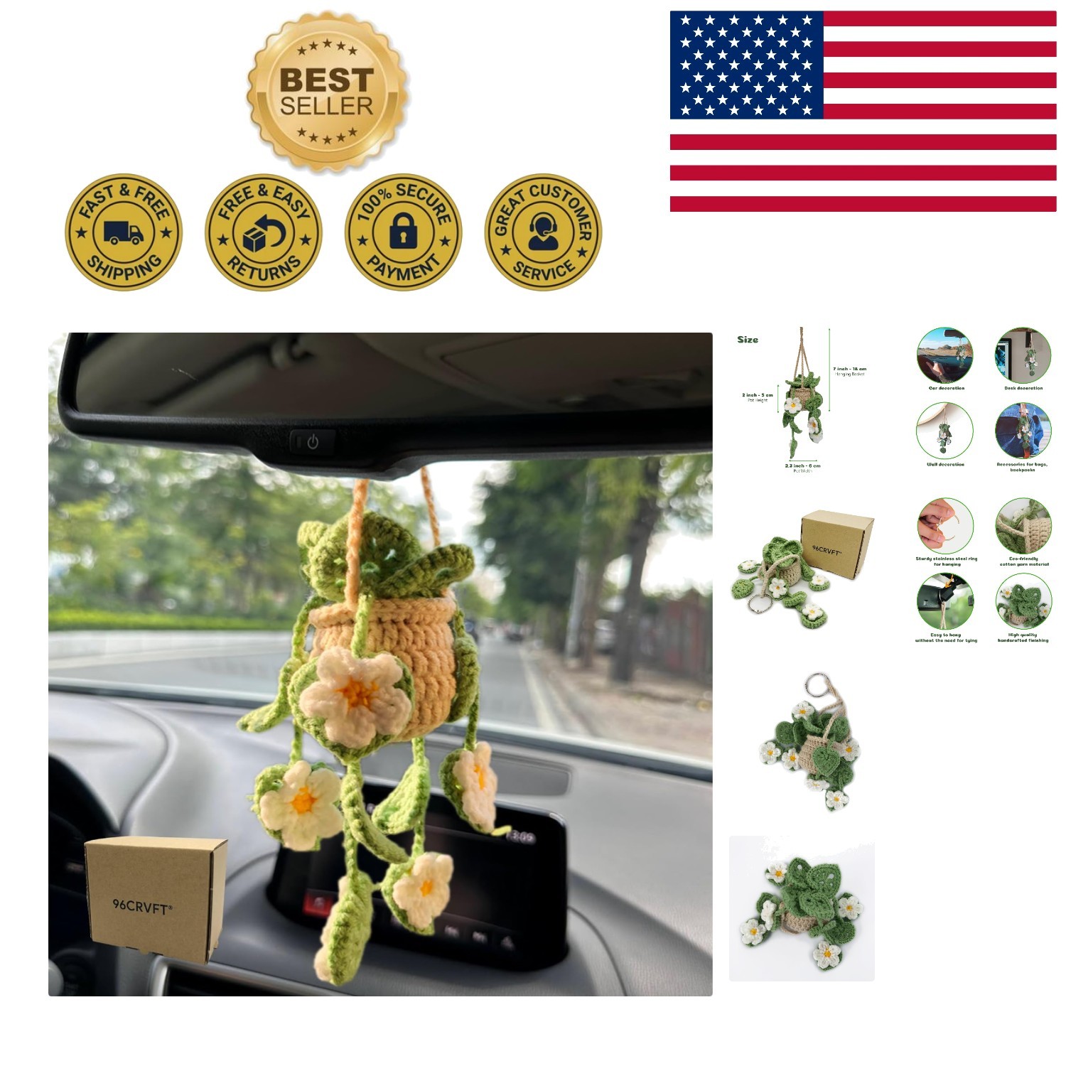 Handmade Crochet Hanging Succulent Car Ornament – Eco-Friendly Gift for Women