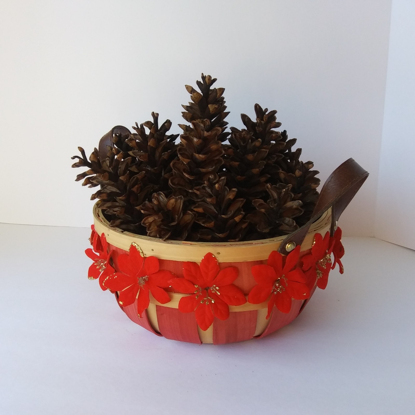 Rustic Pinecone Basket Centerpiece with Red Flowers – Fall or Christmas Décor