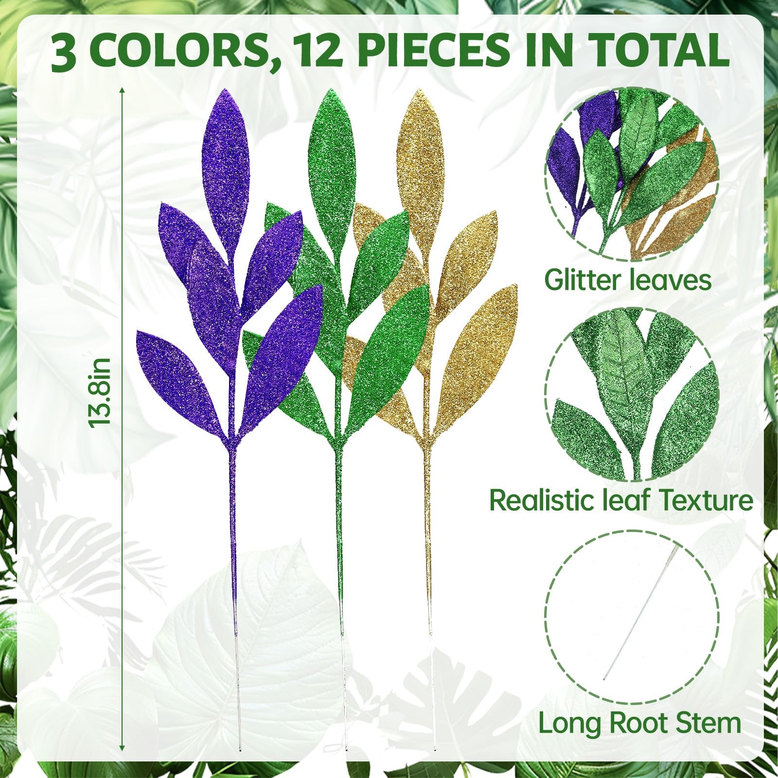 24 Pcs Mardi Gras Decorations Leaf Picks Vase Filler, 14″ Tall Purple Green G…