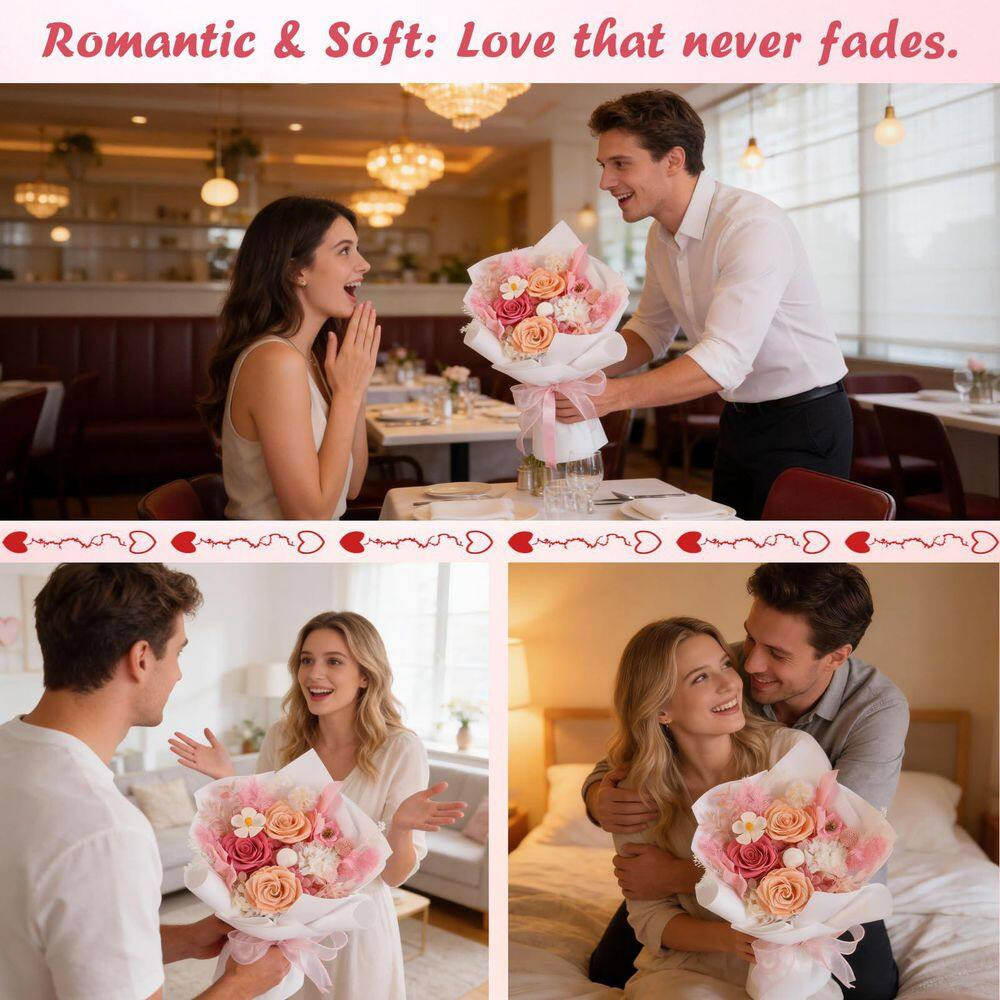 12.59-Inch Pink Artificial Preserved Rose Bouquet-Includes Gift Box and Greeting