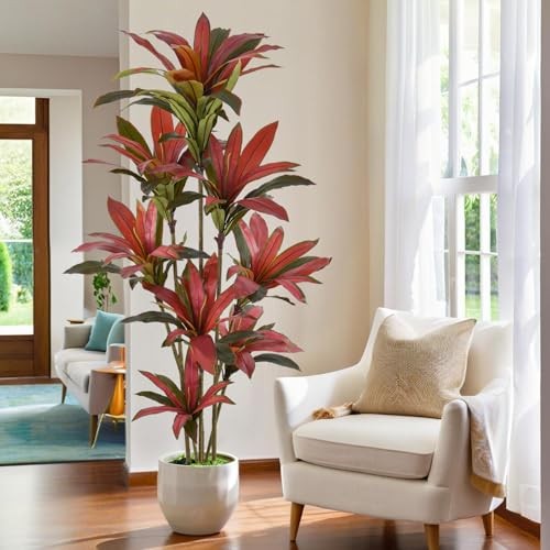 Artificial Dracaena Tree 7ft Tall Large Faux Silk Red Leaves