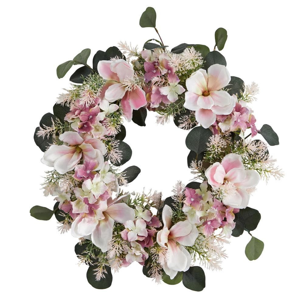 Nearly Natural Artificial Wreath 20″Dia Hydrangea Magnolia Pink Silk Flowers