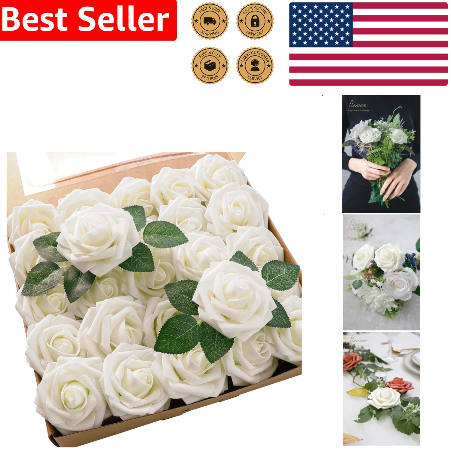 Real Looking Ivory Foam Artificial Roses 25pcs with Flexible Stems for Crafts
