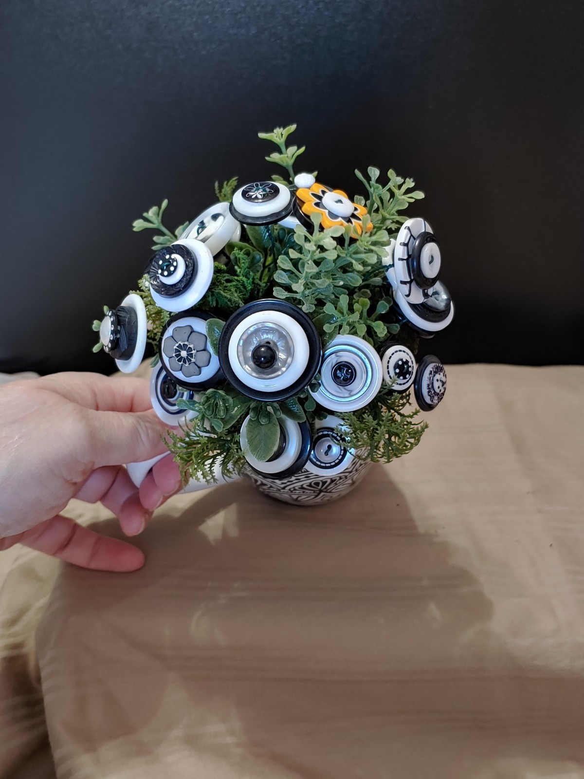 Button Bouquet in black and white floral/fleur di lis pattern mug. pop of yellow