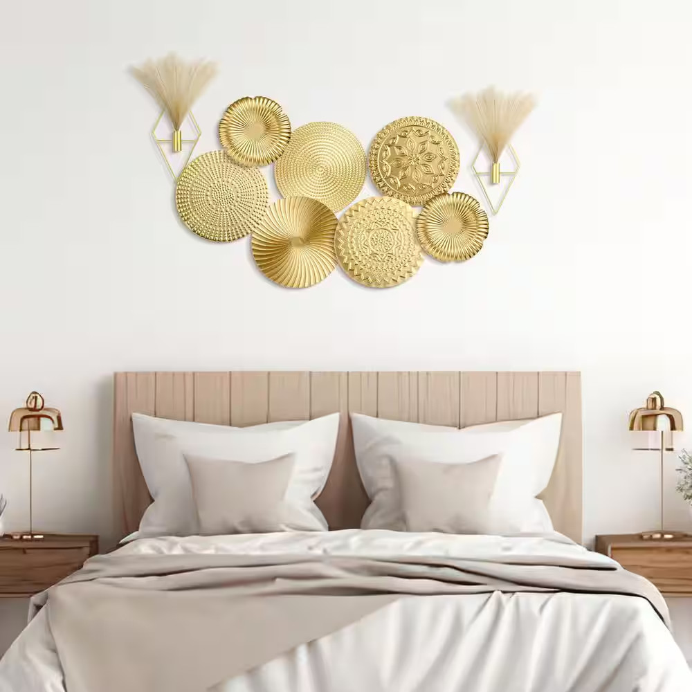 9 Pcs Gold Metal Wall Art Set Artificial Plant Modern Boho Pampas Grass Decor fo