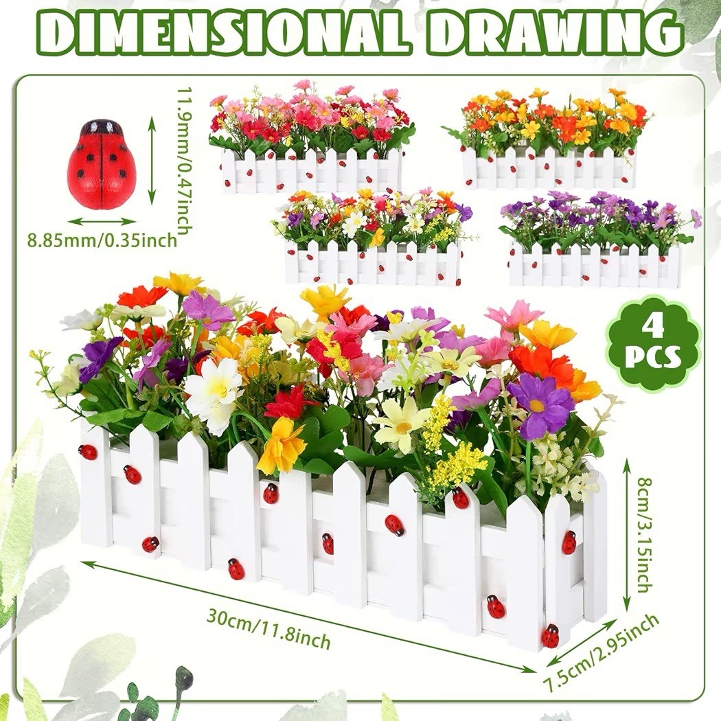 Mixed Color Faux Silk Daisies in Picket Fence Wood Planters for Spring, Set Of 4