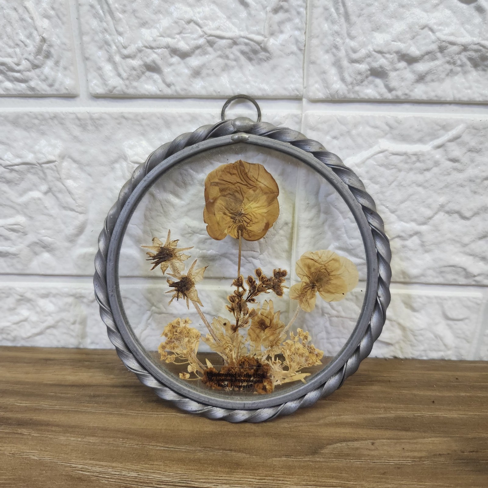 Vintage Lasting Impressions Real Dried Pressed Flowers In Glass W/ Metal Frame