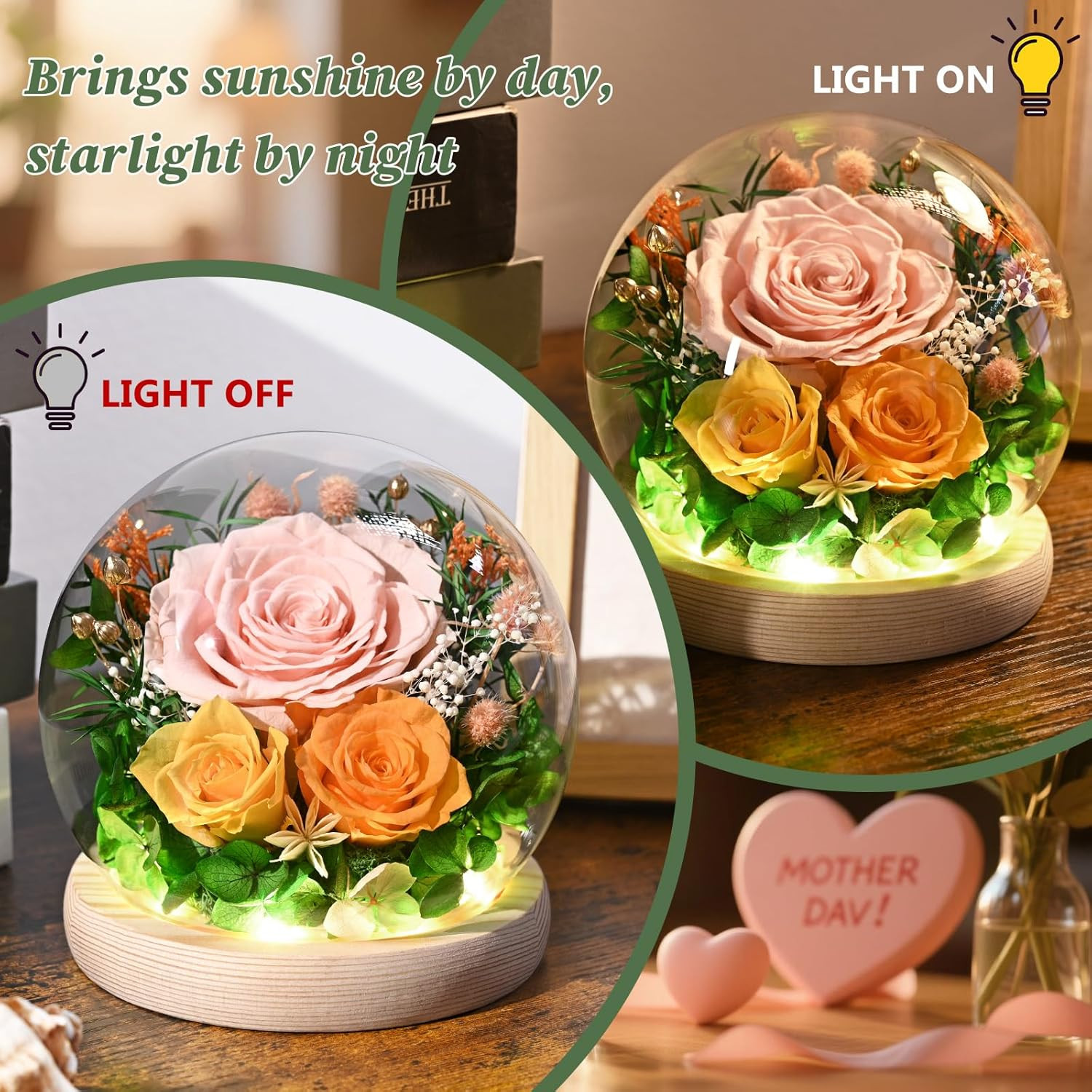 Roses Floral Decor For Mothers Day, Gift, In Glass Dome, Forever Fresh, Eternal