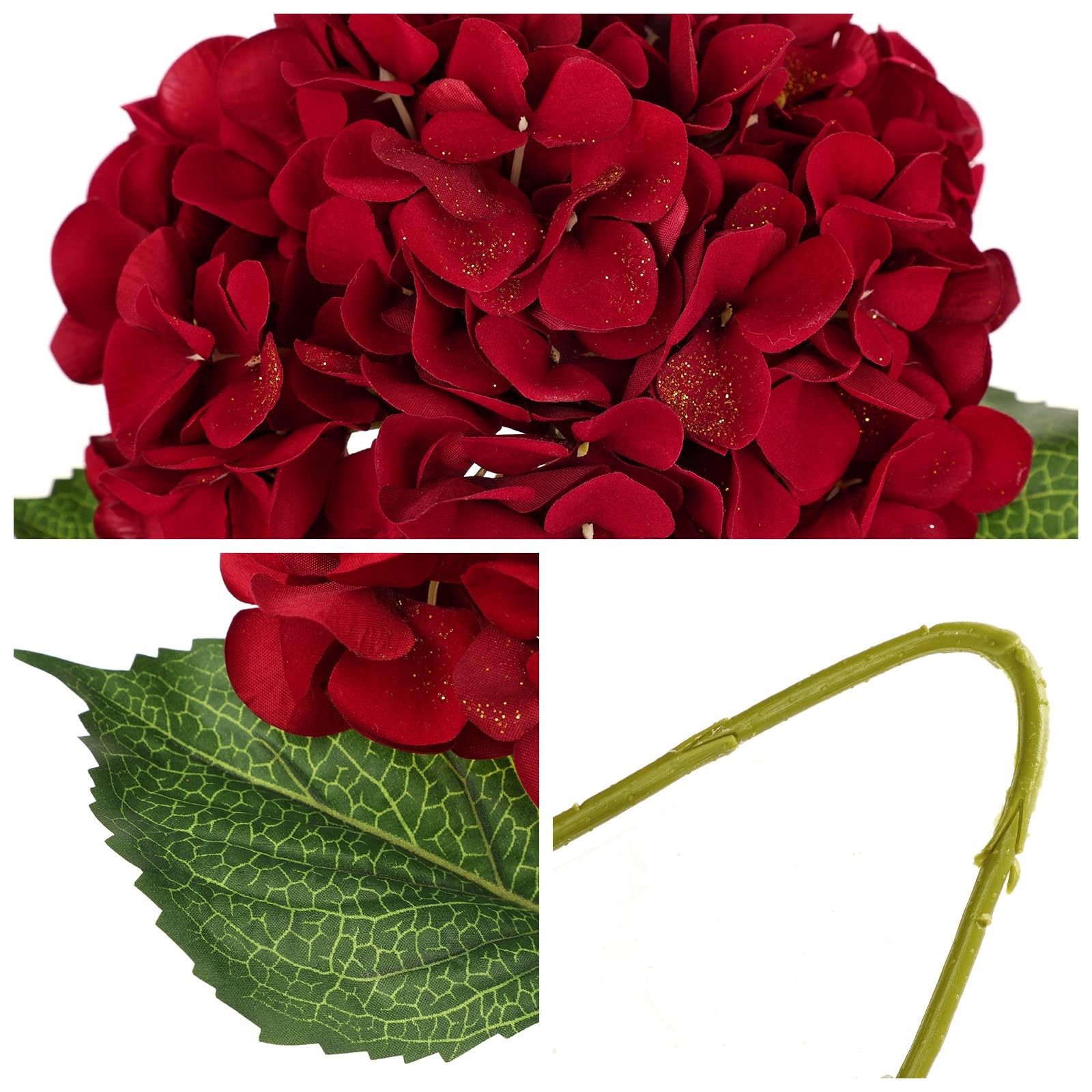 3Pcs Christmas Red Hydrangea Artificial Flowers 6inch Burgundy Hydrangeas Gli…