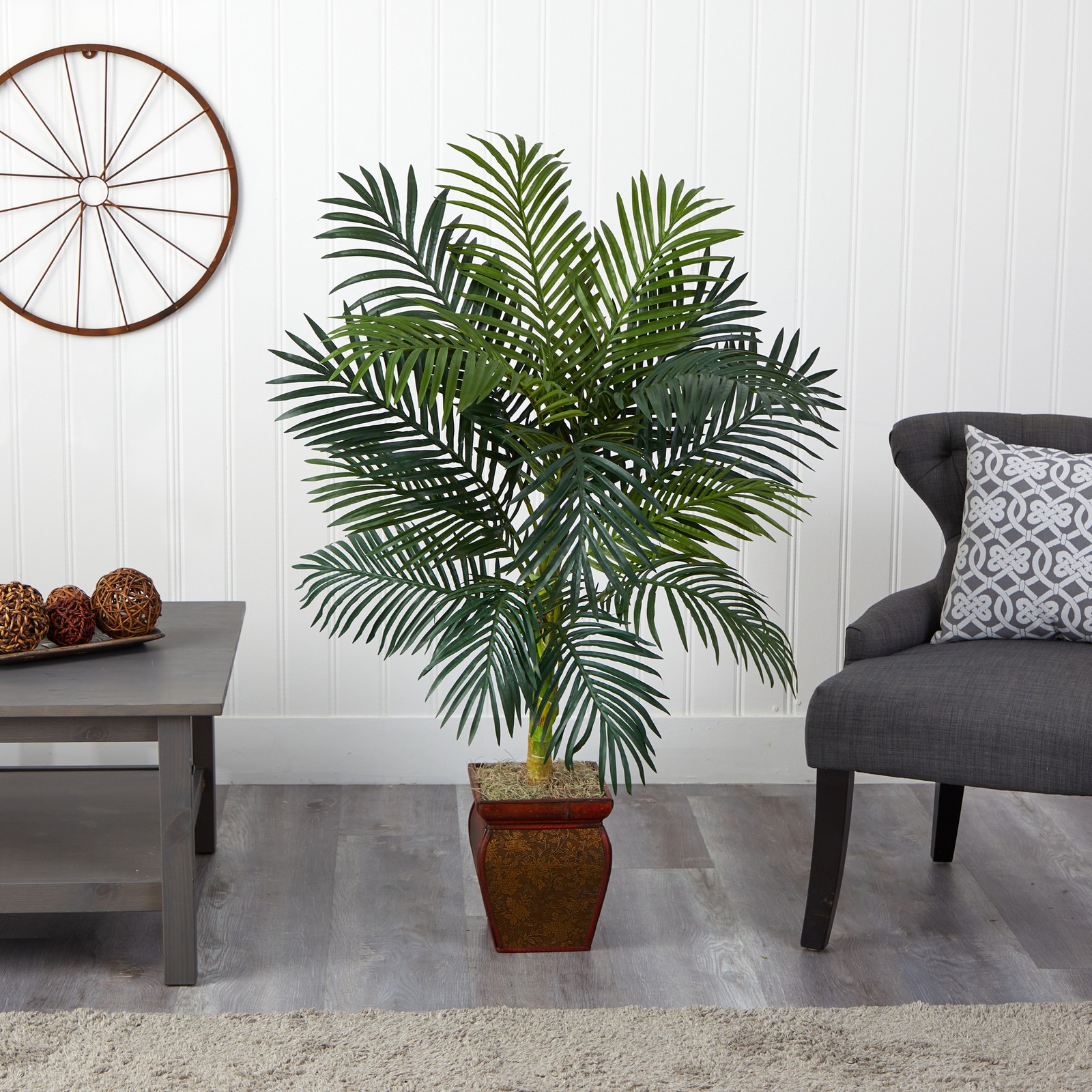 Nearly Natural 54″ Golden Cane Palm with Decorative Container in Green/Brown