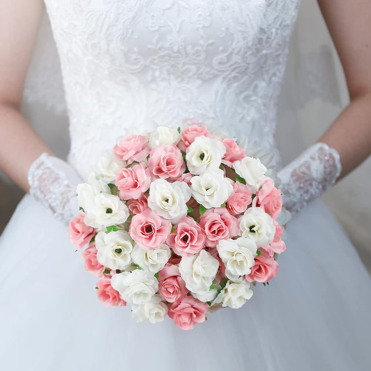 50Pcs Mini Pink and White Roses Artificial Flowers Bulk, 1.6″ Small Silk Fake Ro