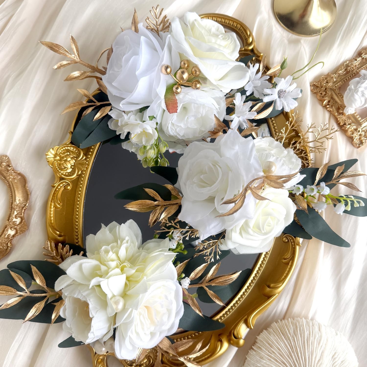 Pre-made Ivory White Gold Flower Cake Topper Decorations Artificial Flowers f…