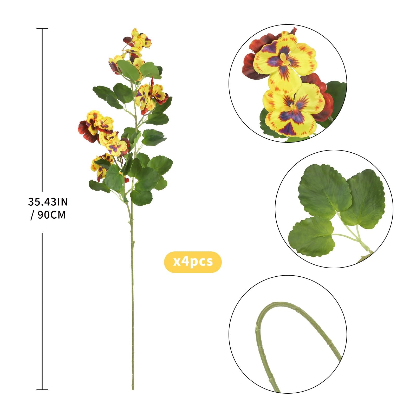 4 PCS Silk Pansies Artificial Flowers 35.43″ Yellow Fake Pansy with Long Stem…