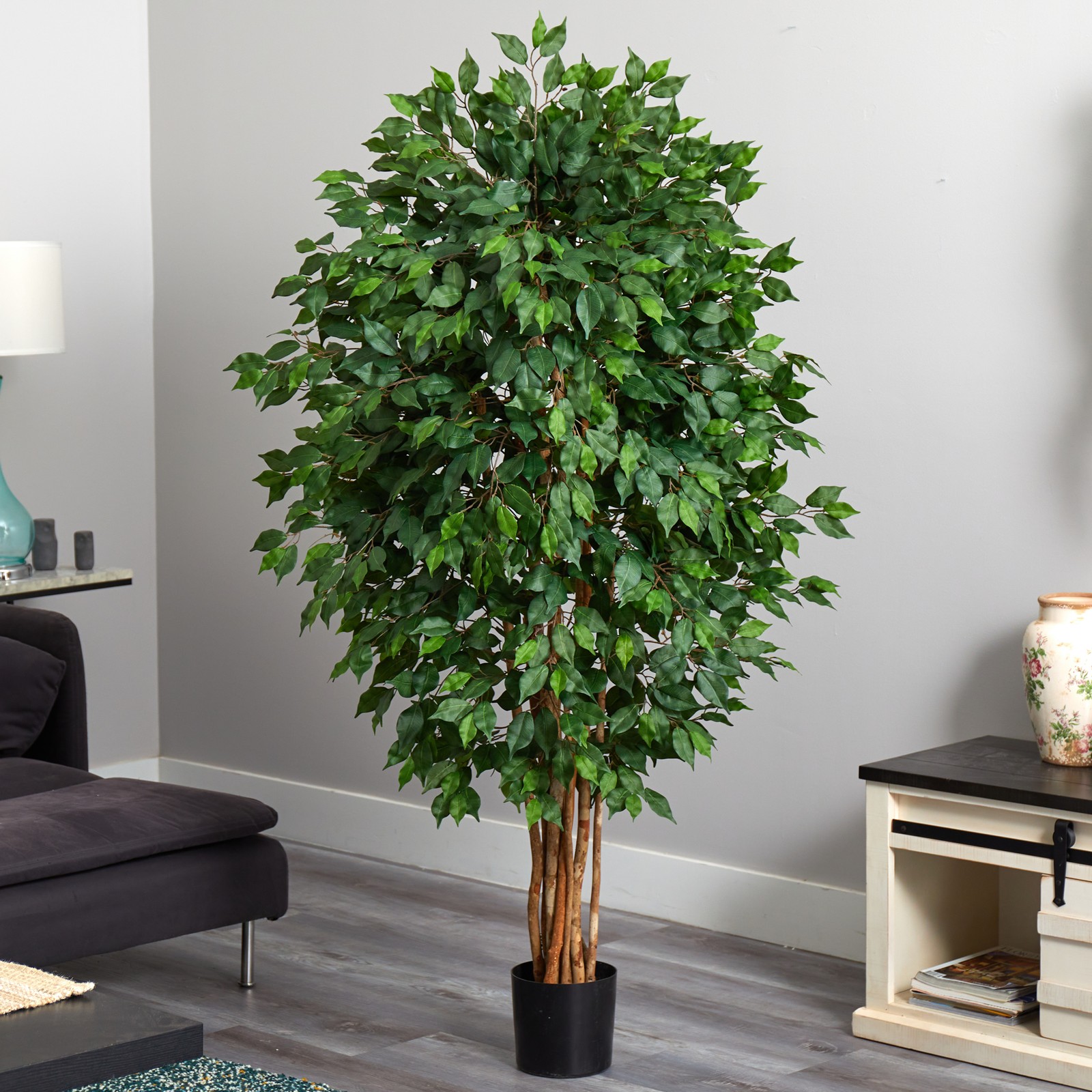 Nearly Natural 66″ Ficus Artificial Tree with Several Trunks in Green/Black