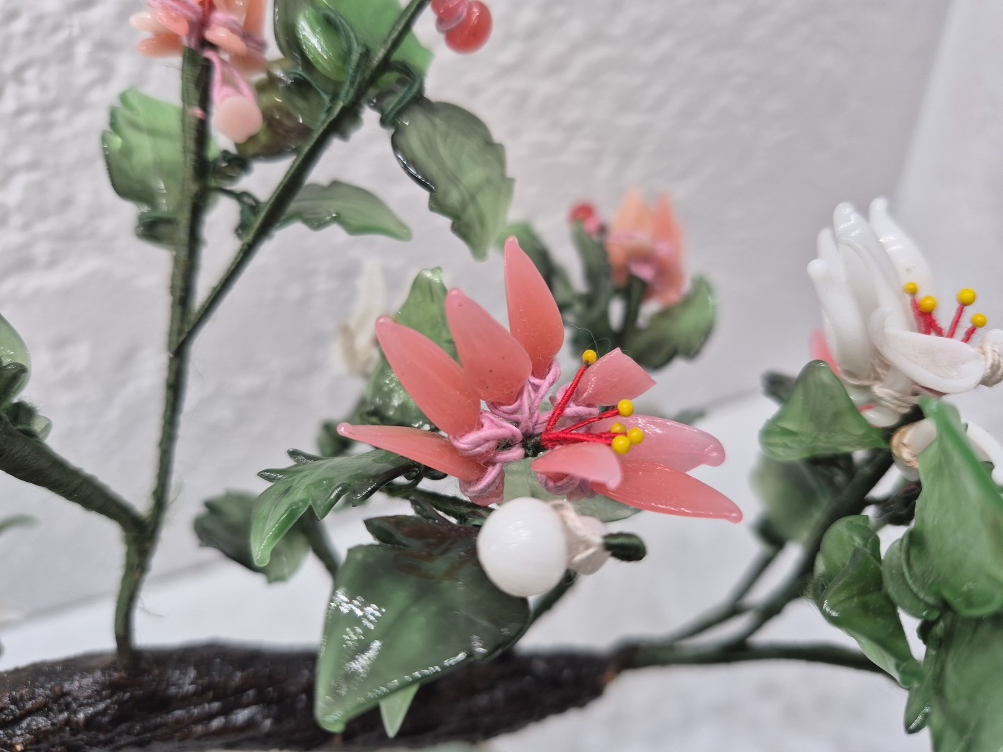 Vintage Chinese Glass Stone Jade Cherry Blossom Bonsai Tree Pink & White Flowers
