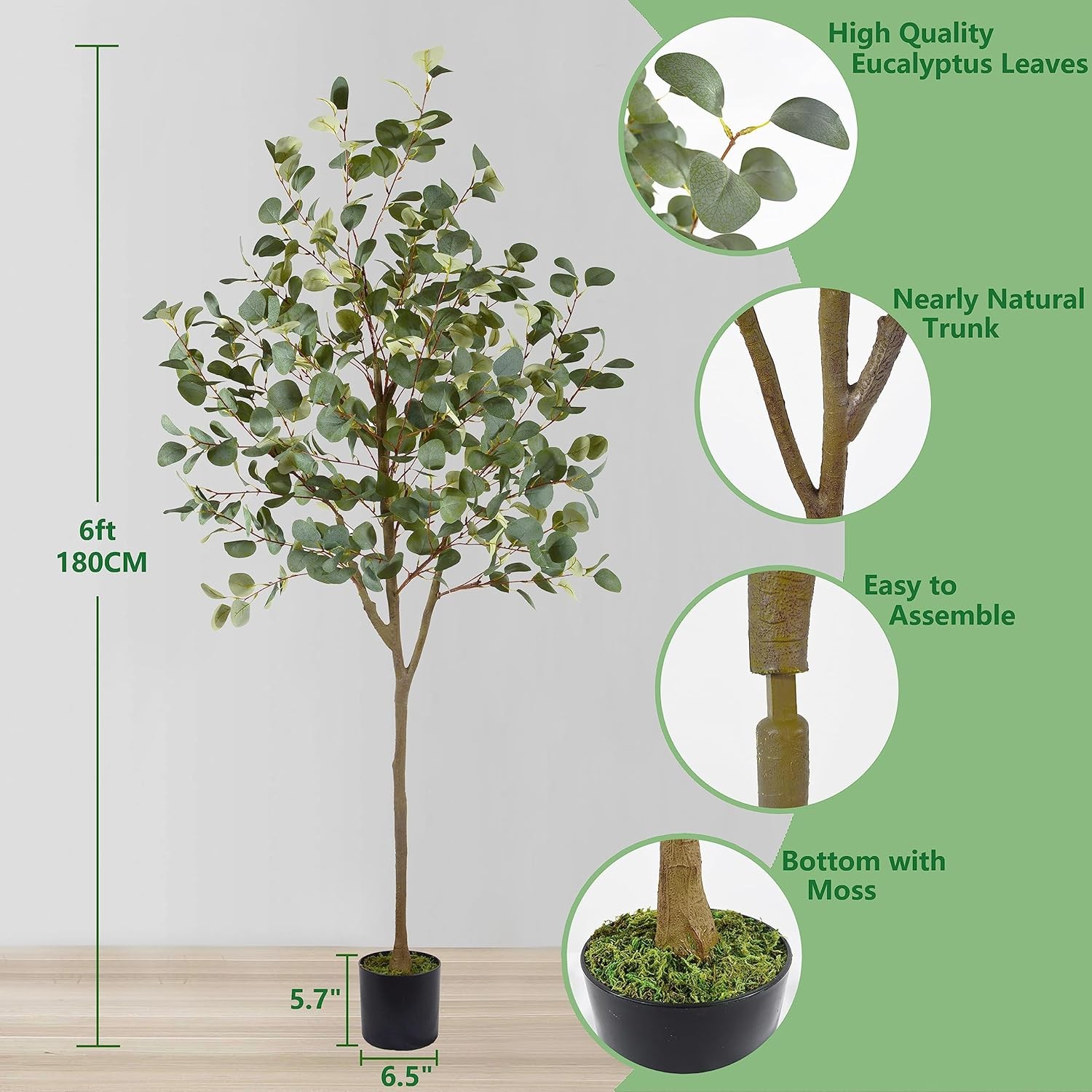 Artificial 6ft Eucalyptus Tree with Basket Green Silver Dollar