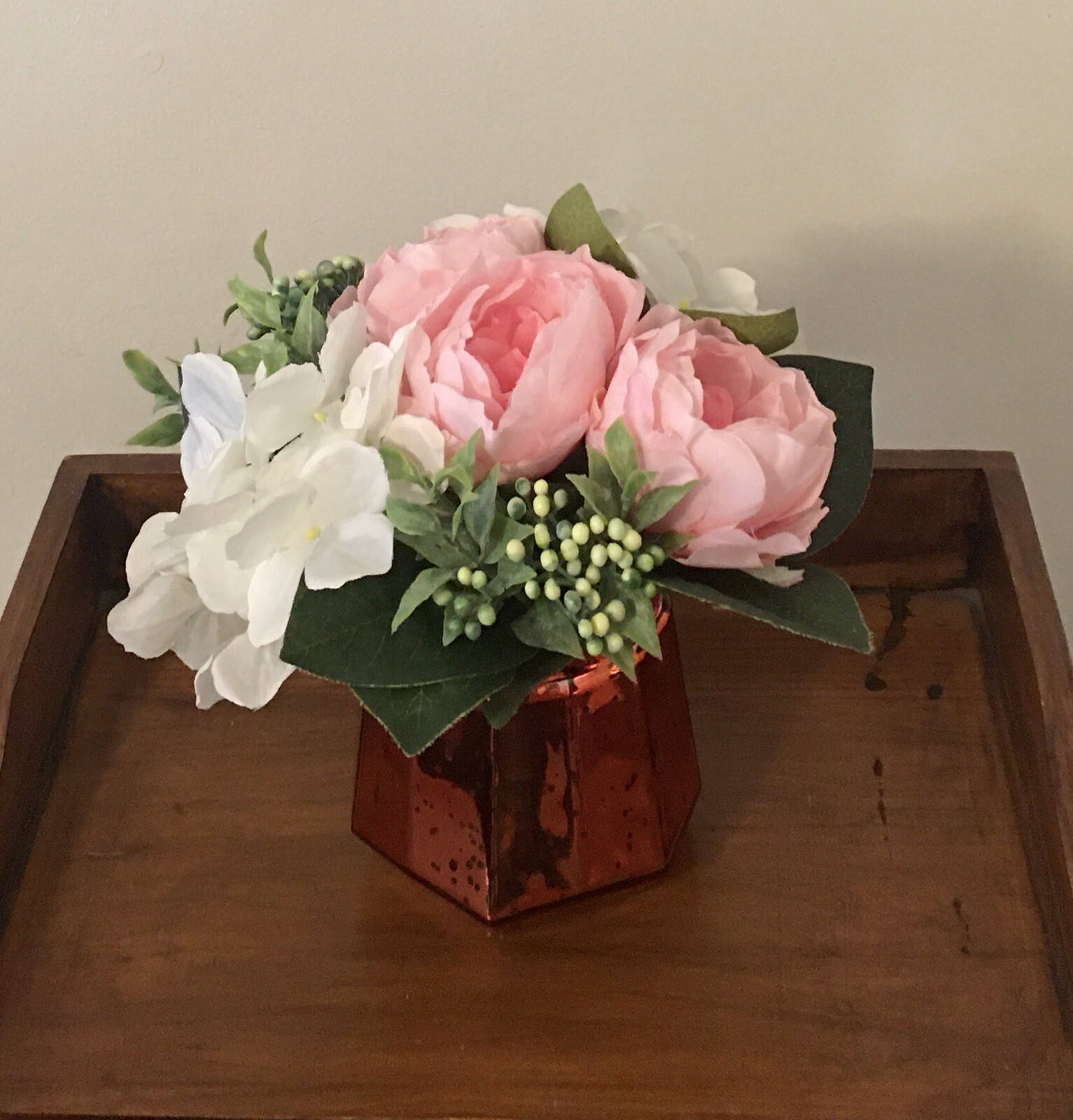 Floral Arrangement with Dahlia Hydrangea Berries in Bronze Glass Vase Handmade