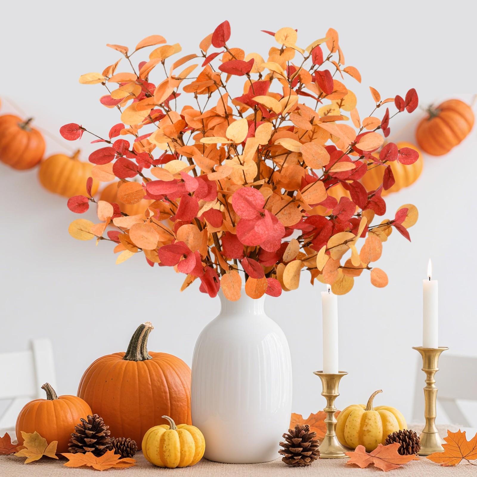 6Pcs 24 Inch Artificial Eucalyptus Fall Leaves, Fall Orange Eucalyptus Leaves…