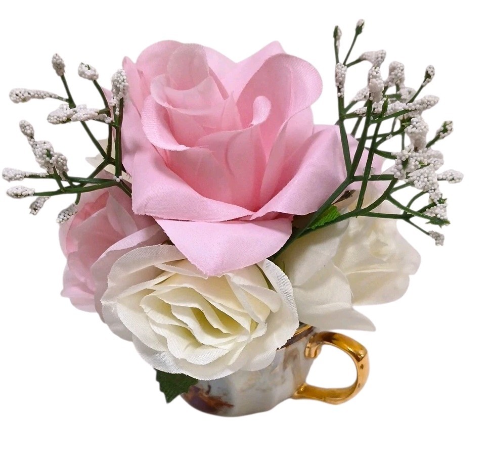 Bridal Pink & White Roses Floral Arrangement Tea Party Cup POP-IN Birthday Love