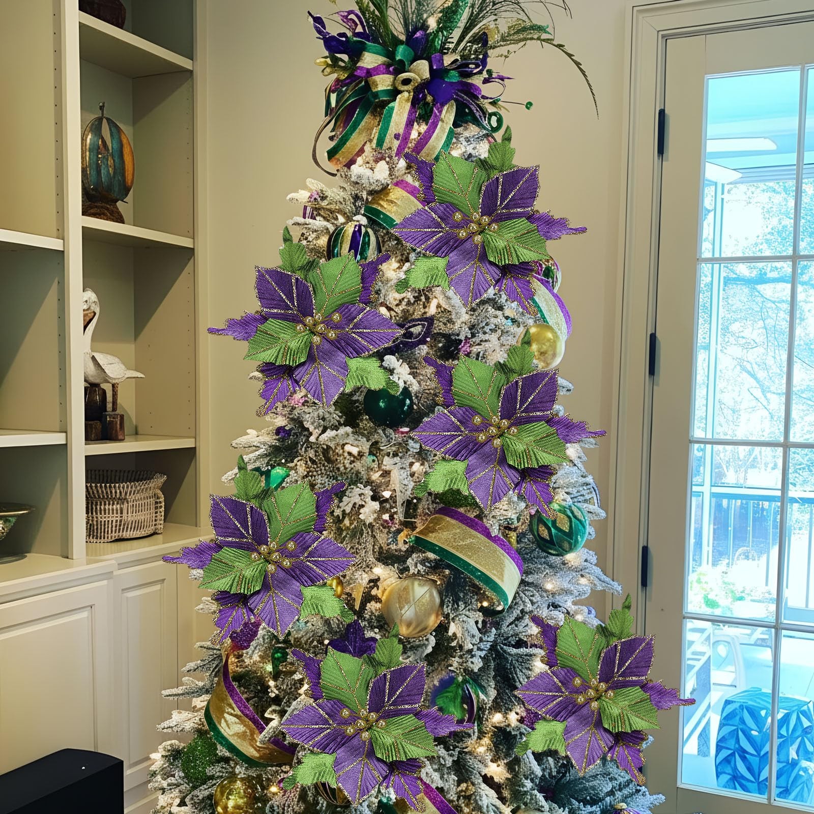 6 Pcs 10” Mardi Gras Poinsettia Flower Large Flowers Glitter Artificial Tree…