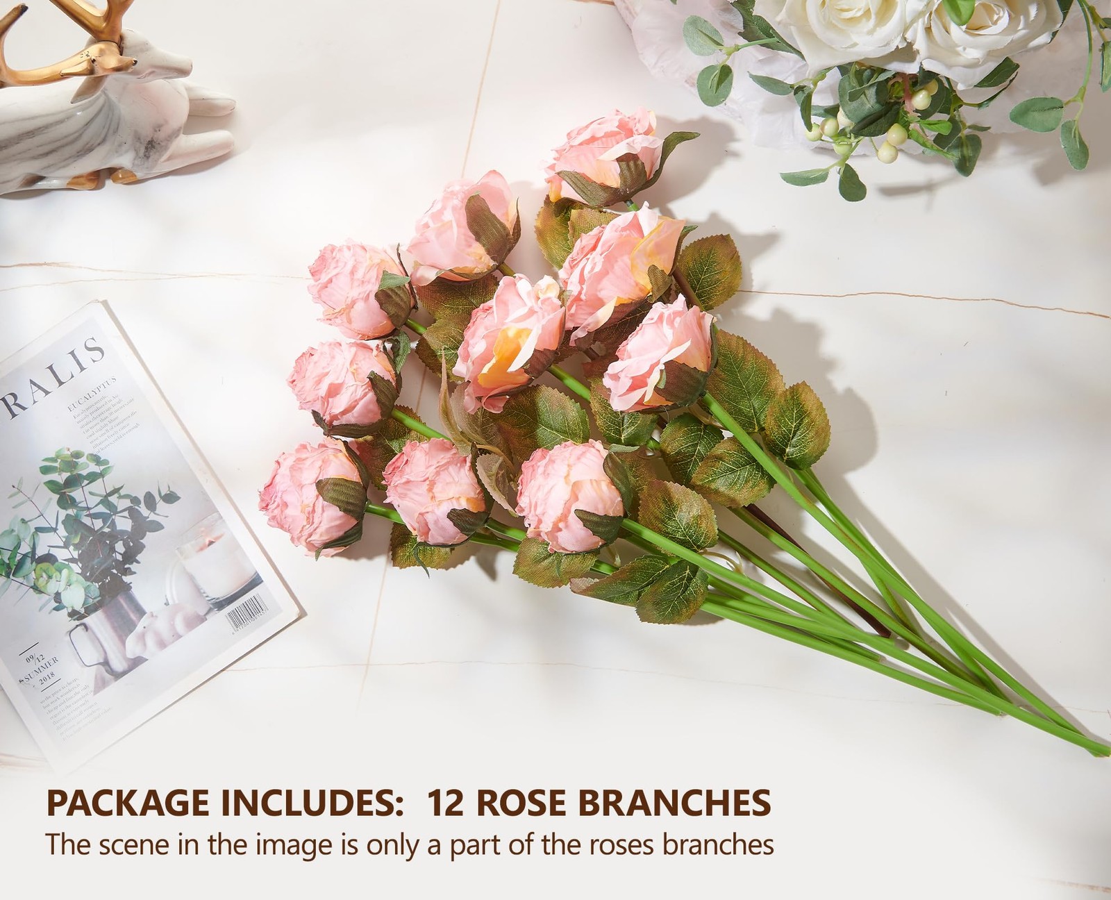 12pcs Pink Realistic Faux Silk Roses, Artificial Flower Bouquet, Home, Wedding