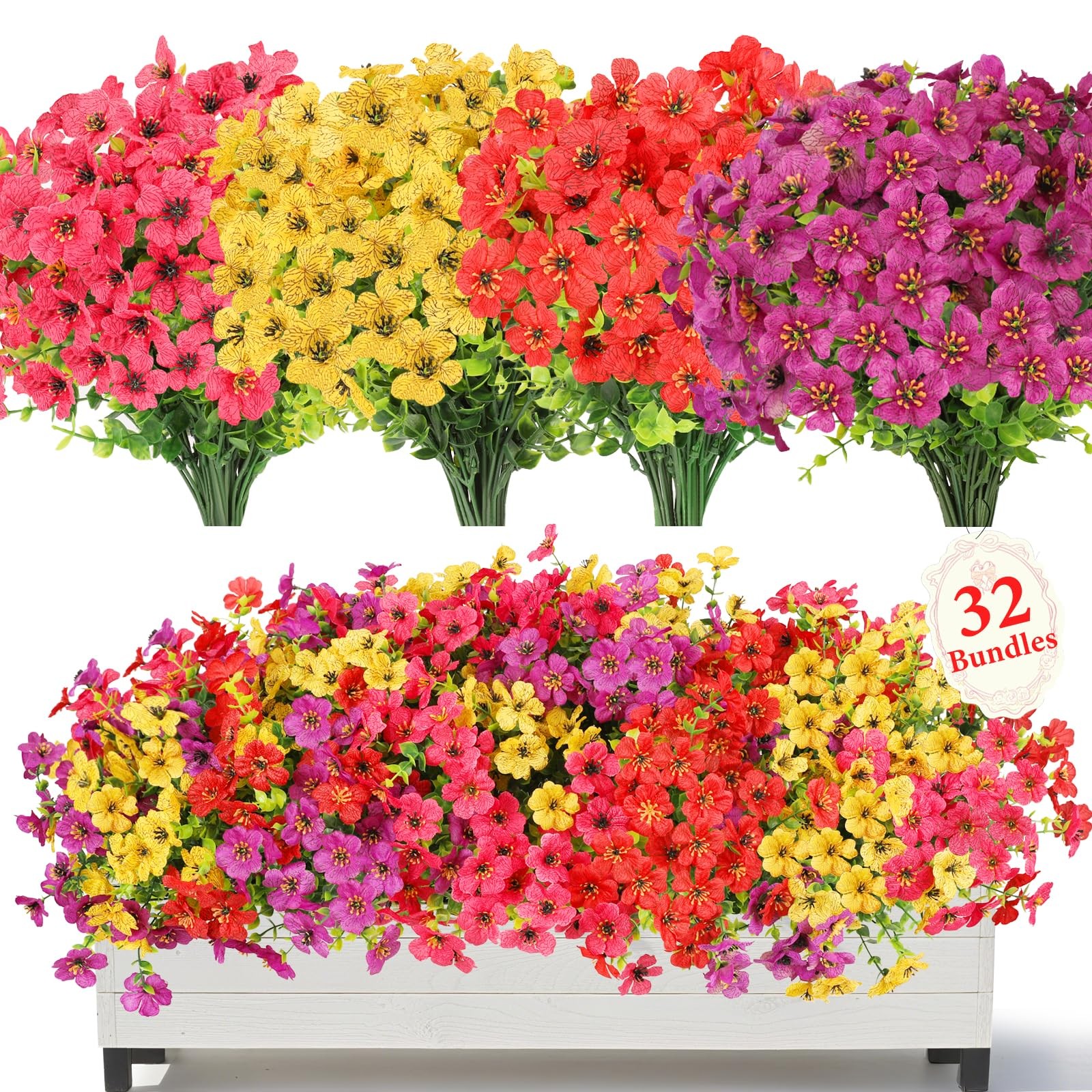 SAEUYVB 32 Bundles Artificial Flowers for Outdoors,All Weather Fake Flowers