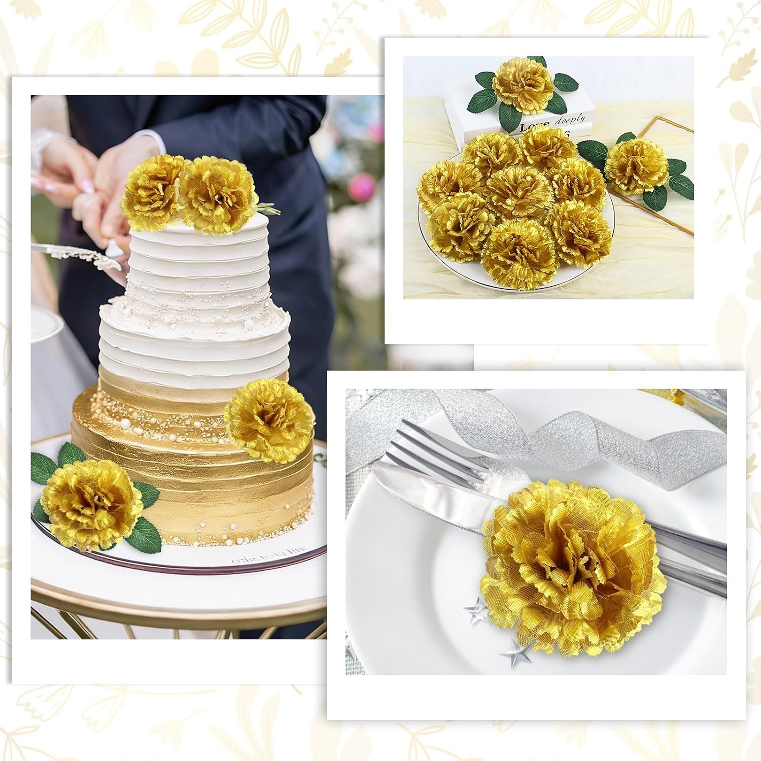 108pcs Carnation Head Flowers with Stem – Gold Artificial Flowers Carnations …