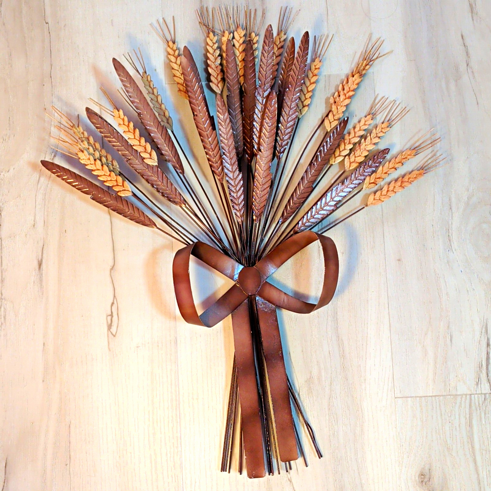 Metal Artificial Wheat Sheaf Bunch Wall Decor w/ Bow, Brown/Beige 20 in