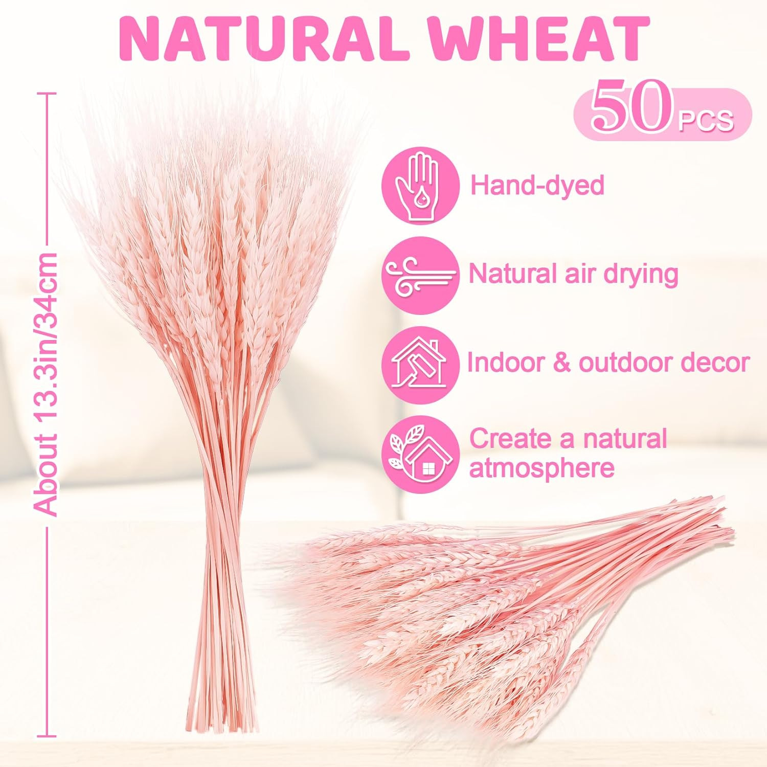 50 Stems Dried Wheat Stalks for Decor Sheaves Grass Natural Bunch Flowers Pink