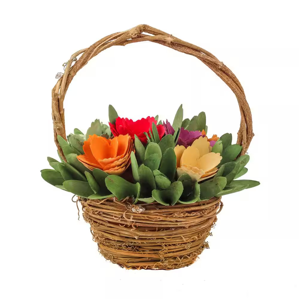 10 In. Artificial Floral Arrangements Spring Assorted Flowers Basket Color- Mult