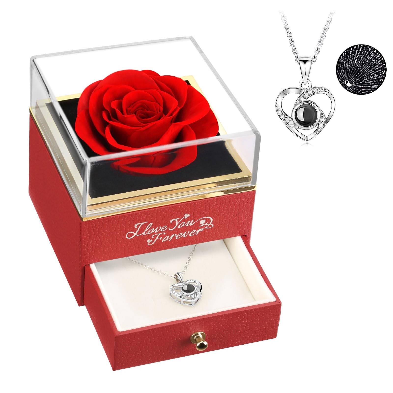 Preserved Real Rose with Heart Necklace -I Love You Forever Eternal Rose for …