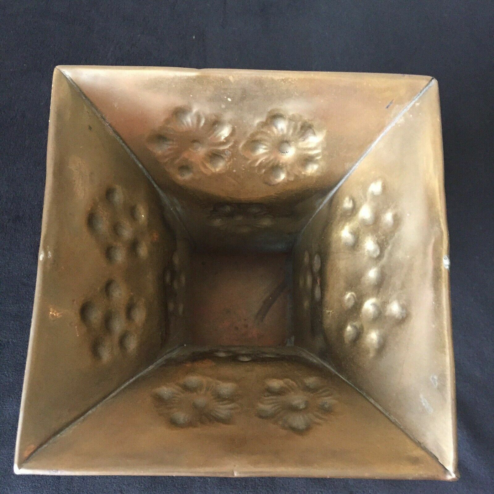 Vintage Planter Container Embossed Flowers on Brass 7″High 6″Square Opening