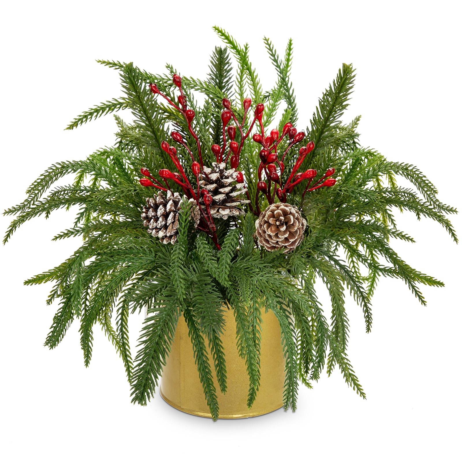 11 Inch Frosted Christmas Cedar Plant Gold Pot Pinecones Red Berries