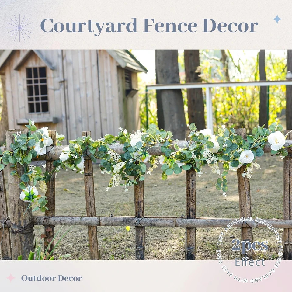 2Pcs 13FT Artificial Eucalyptus Flower Garland 2 Pcs, White 2 Pcs